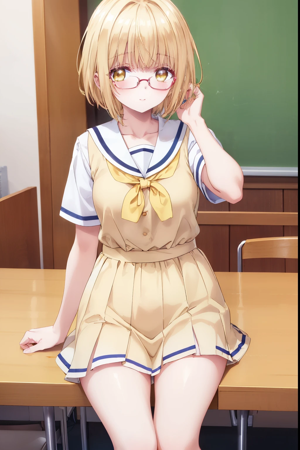 Mahiru shiina, , blonde, (Yellow Eyes:1.3)、Half Bob Hair,,blush,smile,Daytime、at school、School classroom、Captivating thighs、Beautiful bare legs, Short-sleeved sailor uniform、very cute、Wear a miniskirt、wearing cute glasses
(masterpiece:1.2), highest quality, High resolution, unity 8k wallpaper, (shape:0.8), (Beautiful and beautiful eyes:1.6), Highly detailed face, Perfect lighting, Extremely detailed CG, (Perfect hands, Perfect Anatomy),