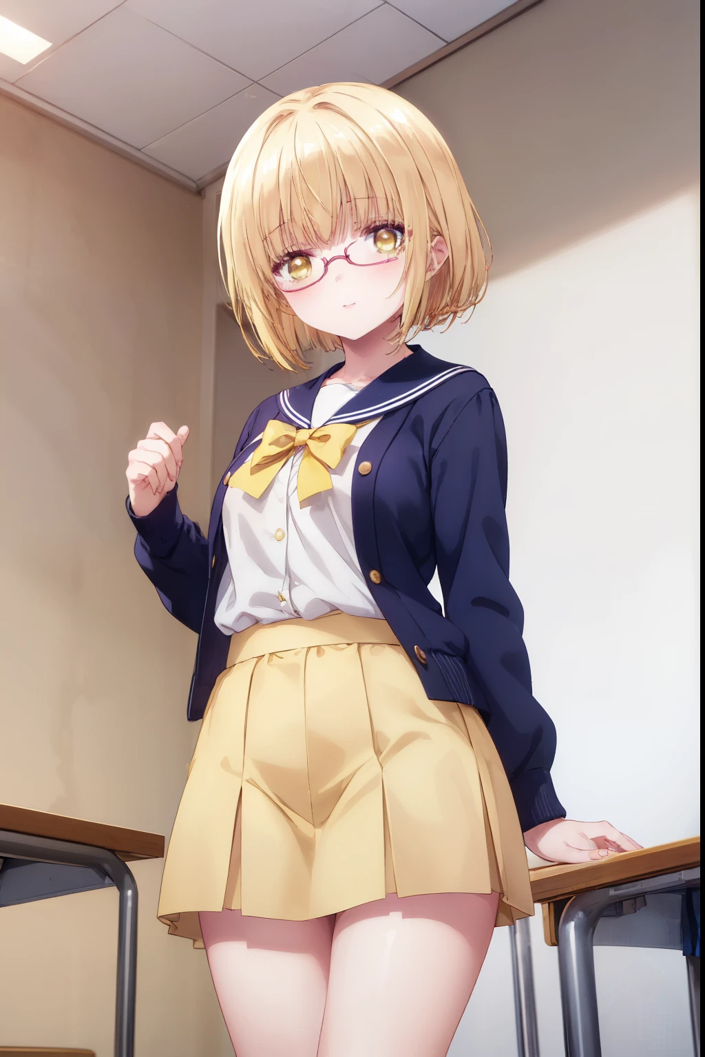 Mahiru shiina, , blonde, (Yellow Eyes:1.3)、Half Bob Hair,,blush,smile,Daytime、at school、School classroom、Captivating thighs、Beautiful bare legs, Short-sleeved sailor uniform、very cute、Wear a miniskirt、wearing cute glasses
(masterpiece:1.2), highest quality, High resolution, unity 8k wallpaper, (shape:0.8), (Beautiful and beautiful eyes:1.6), Highly detailed face, Perfect lighting, Extremely detailed CG, (Perfect hands, Perfect Anatomy),