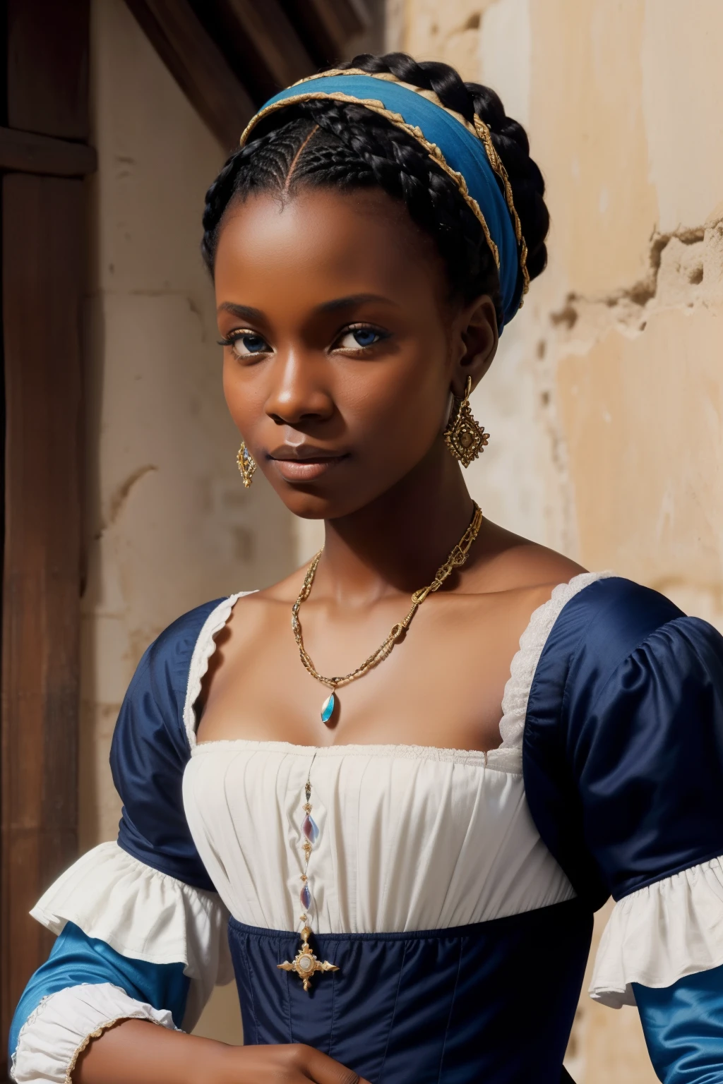 Haiti, 1563. A young black woman, beautiful, blue eyes, ((((clothings from the 1560s)))), ((hairstyle of the 1560s)), pastel colors, colorful, realistic