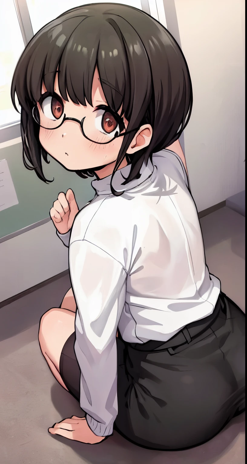 highest quality,(8K Portrait),(Official Art)、obesity、((short hair))、blush,((dark hair)),(Sweat),Black knee socks、One Woman,((:is))、hot、Office Room、Glasses、Thick thighs, Such an ass, Liar, Open crotch, Dettol, Down the Out、(Dynamic pose)、isらしない身体、Dynamic Angles、Turning around、High neck sweater、On all fours、On knees、Angle from behind、Cowboy Shot、bottom less