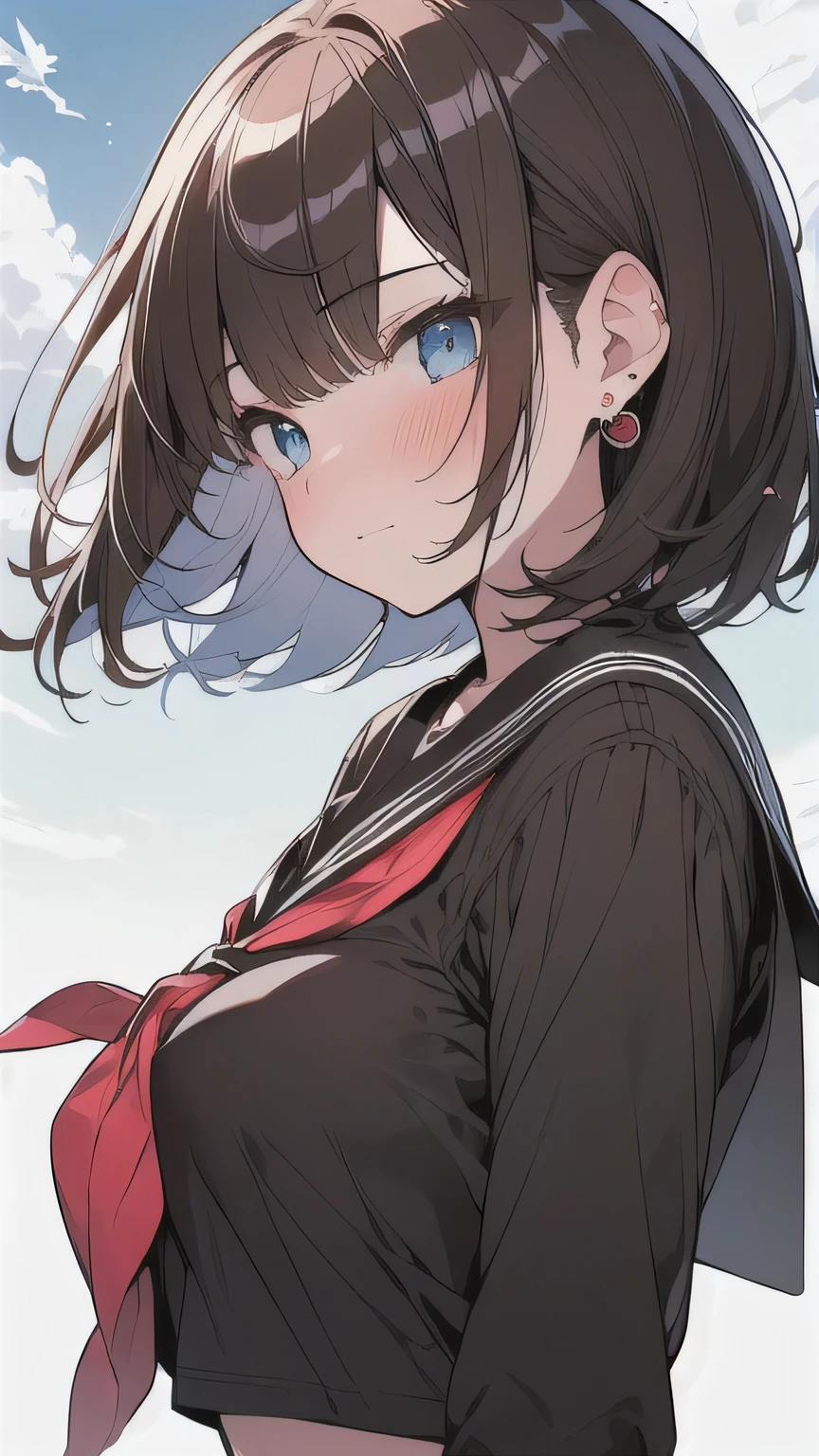 (best quality), (Super detailed), (Best Illustration), (masterpiece), (woman), high contrast, {(serafuku:1.2)}, (large breasts), {brown hair, (sideburns), (bob cut:1.3), curly hair, hairs between eyes, colored inner hair}, {(detailed eyes), blue eyes}, blush, earring, wind, (in school)