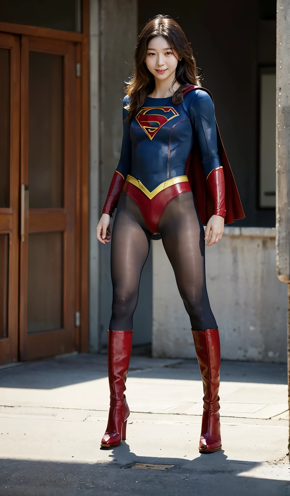 No background、(((Beautiful legs in black tights.)))、(((Legally express the beauty of your smile)))、((((Make the most of your original images)))、(((Supergirl Costume)))、(((Beautiful Hair)))、(((suffering)))、(((Please wear black tights....、Wear red boots)))、((Best image quality、8k))、((highest quality、8k、masterpiece:1.3))、(((Preserve background )))、Sharp focus:1.2、Beautiful woman with perfect figure:1.4、Slim Abs:1.2、Wet body:1.5、Highly detailed face and skin texture、8k