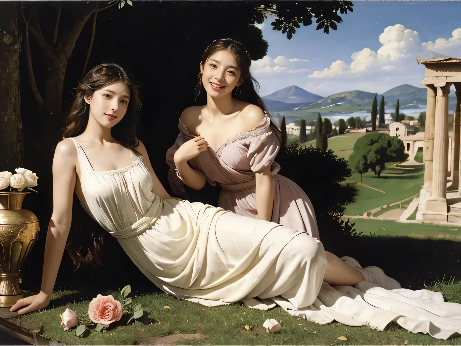 full body portrait or statue、Giorgione painting style,Arguments of two female Philosophe,math、astronomical machine、astronaut、roses in vase、fruits、Cute trinkets、smile、ancient greek costume、Ancient Roman landscape in the style of Nicolas Poussin,laughter,,Sweet and seductive appearance.、Caravaggio's paintings、Chiaroscuro of Caravaggio、hair tousled by the wind,Two women frolicking,cute smile, expression of ecstasy,Sexy,erotic