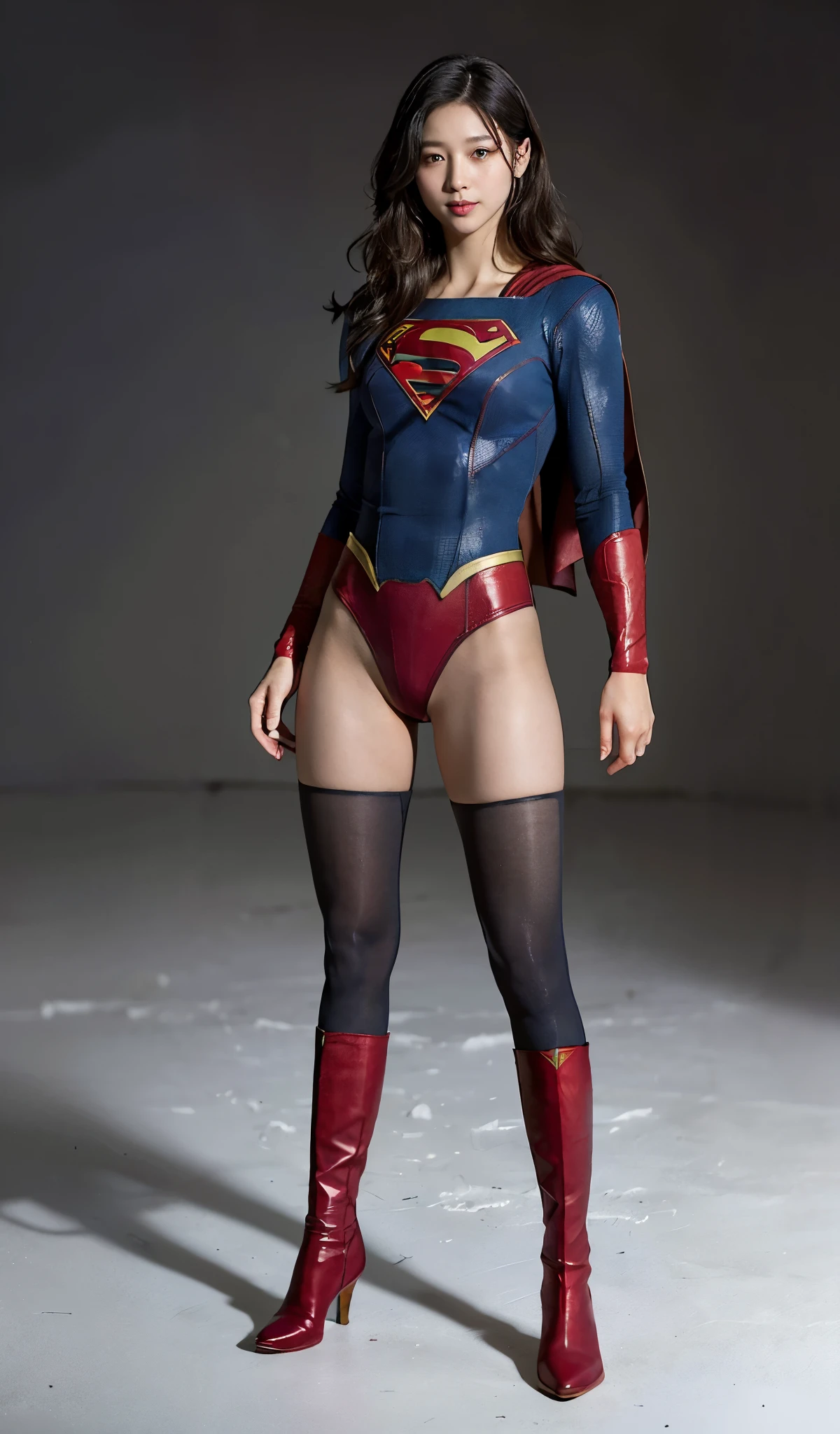 No background、(((Beautiful legs in black tights.)))、(((Legally express the beauty of your smile)))、((((Make the most of your original images)))、(((Supergirl Costume)))、(((Beautiful Hair)))、(((suffering)))、(((Please wear black tights....、Wear red boots)))、((Best image quality、8k))、((highest quality、8k、masterpiece:1.3))、(((Preserve background )))、Sharp focus:1.2、Beautiful woman with perfect figure:1.4、Slim Abs:1.2、Wet body:1.5、Highly detailed face and skin texture、8k