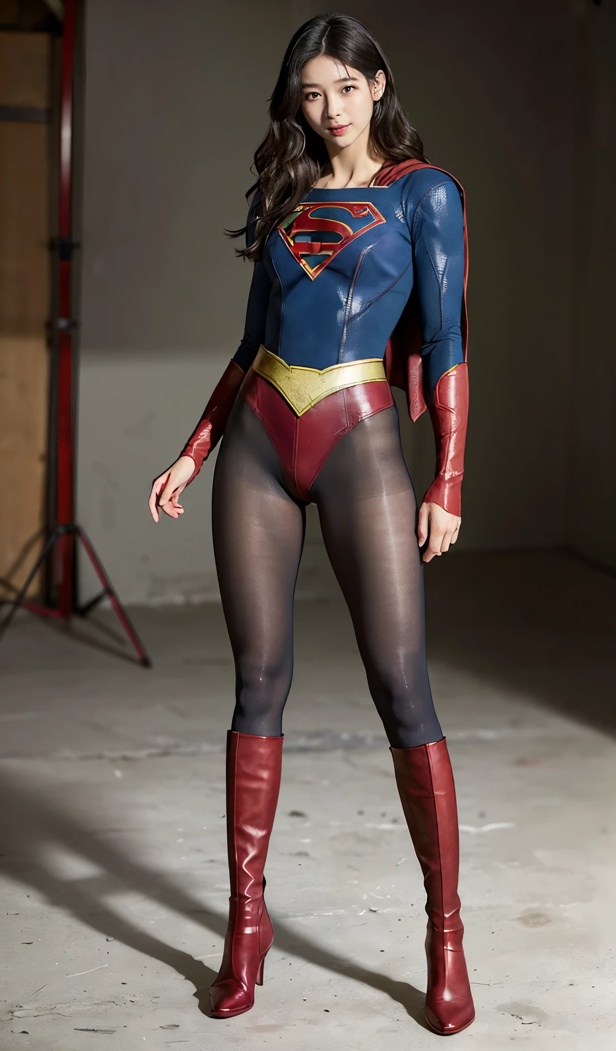 No background、(((Beautiful legs in black tights.)))、(((Legally express the beauty of your smile)))、((((Make the most of your original images)))、(((Supergirl Costume)))、(((Beautiful Hair)))、(((suffering)))、(((Please wear black tights....、Wear red boots)))、((Best image quality、8k))、((highest quality、8k、masterpiece:1.3))、(((Preserve background )))、Sharp focus:1.2、Beautiful woman with perfect figure:1.4、Slim Abs:1.2、Wet body:1.5、Highly detailed face and skin texture、8k