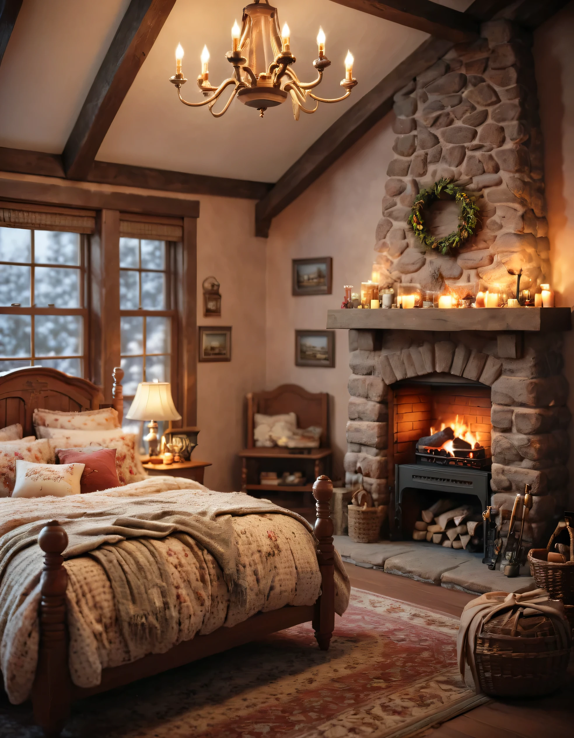 arafed bedroom with a fireplace and a bed in it, a digital rendering inspired by Terry Redlin, trending on cg society, romanticism, thomas kinkade. cute cozy room, very cozy, cozy room, warm interiors, warm fireplace, cozy and calm, warm interior, cozy wallpaper, cozy place, cosy fireplace, bedroom full of fire