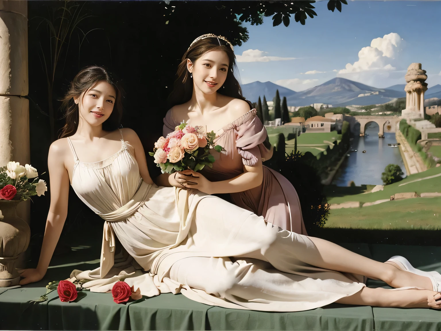 full body portrait or statue、Giorgione painting style,Arguments of two female Philosophe,math、astronomical machine、astronaut、roses in vase、fruits、Cute trinkets、smile、ancient greek costume、Ancient Roman landscape in the style of Nicolas Poussin,laughter,,Sweet and seductive appearance.、Caravaggio's paintings、Chiaroscuro of Caravaggio、hair tousled by the wind,Two women frolicking,cute smile, expression of ecstasy,Sexy,erotic