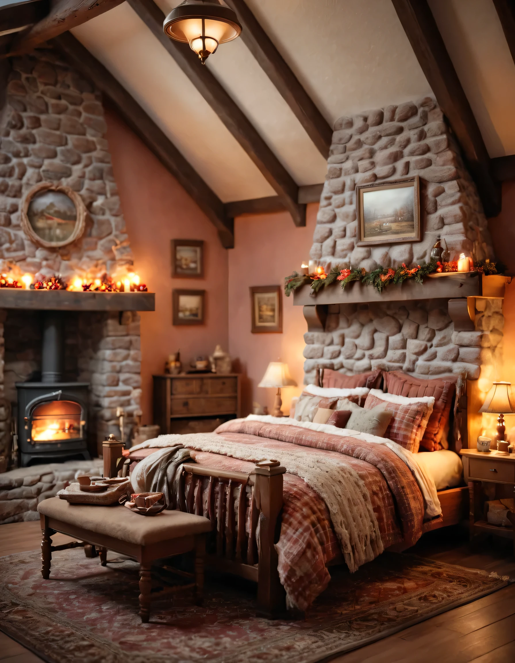 arafed bedroom with a fireplace and a bed in it, a digital rendering inspired by Terry Redlin, trending on cg society, romanticism, thomas kinkade. cute cozy room, very cozy, cozy room, warm interiors, warm fireplace, cozy and calm, warm interior, cozy wallpaper, cozy place, cosy fireplace, bedroom full of fire