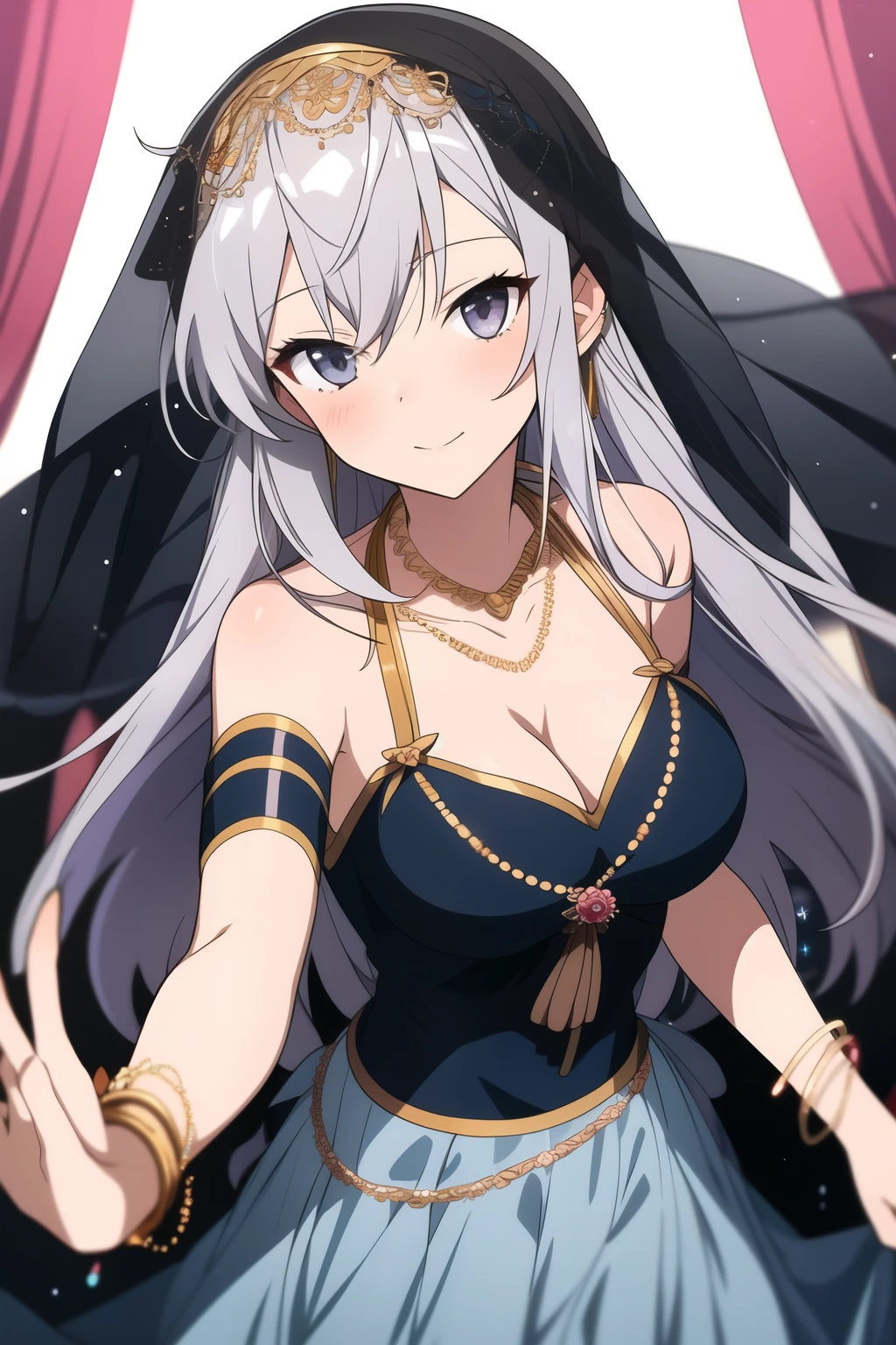 Anime older girl with long gray hair and gray eyes, wearing a flowy dress that follows her movements with bangles and bracelets on her wrist and a veil on her head, with bright decorations surrounding her