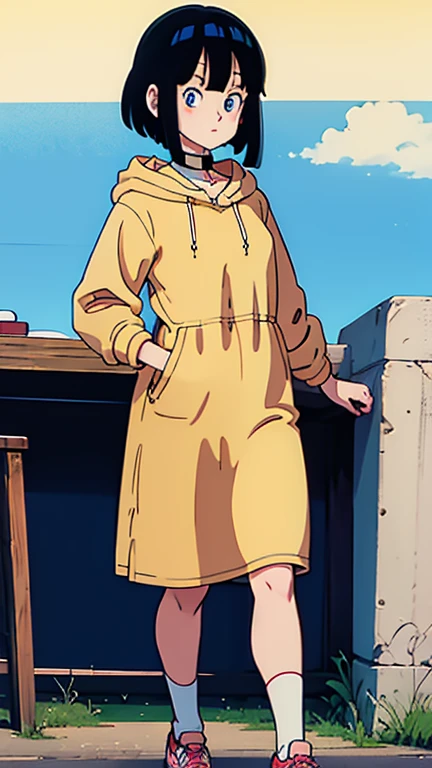 Anime girl outdoors、Bob、Black Hair、Beige hoodie、choker、blue eyes、Blue Skirt、White shoes、White legwear、whole body、Walking sadly sideways