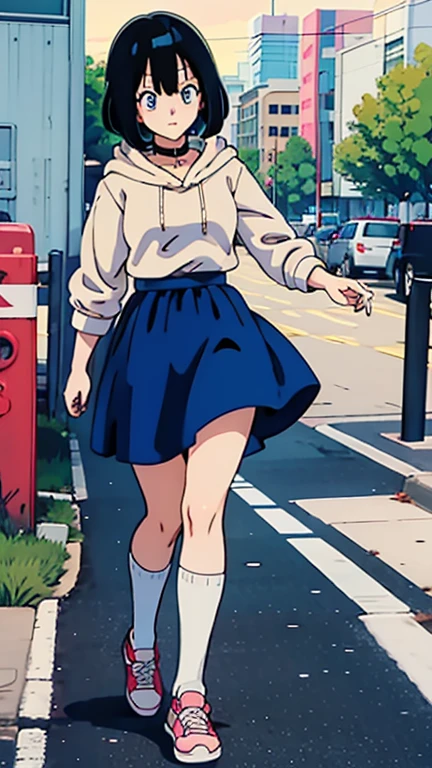 Anime girl outdoors、Bob、Black Hair、Beige hoodie、choker、blue eyes、Blue Skirt、White shoes、White legwear、whole body、Walking sadly sideways