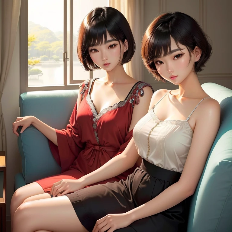 "Asian girl with short hair and captivating expression, showcasing detailed facial features, confidently sitting on a modern bed in a well-lit room, wearing a stylish red top and exuding a seductive allure.and have big chest "