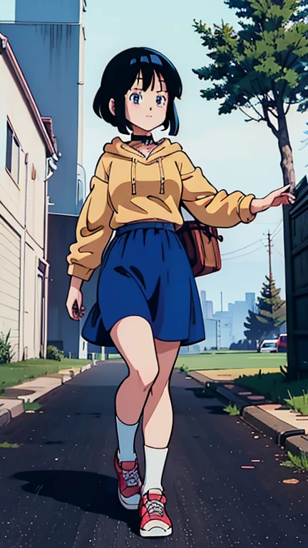 Anime girl outdoors、Bob、Black Hair、Beige hoodie、choker、blue eyes、Blue Skirt、White shoes、White legwear、whole body、Walking sideways happily