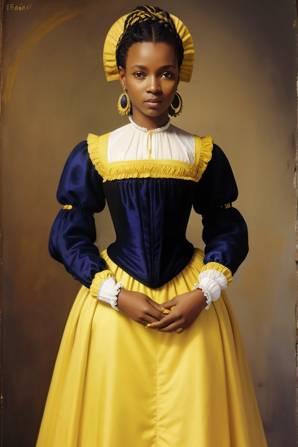 Haiti, 1563. full body, A young black woman, beautiful, blue eyes, ((((yellow clothings from the 1560s)))), ((hairstyle of the 1560s)), pastel colors, colorful, realistic