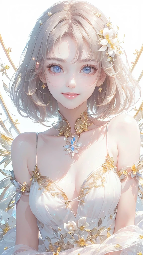 (masterpiece、highest quality、highest quality、Beautiful and beautiful:1.2)、(Good anatomy:1.5)、Focus on the eyes、Painting of a girl with milky white hair、Princess Dress、Jewelry Tiara,Adorable smile、looking at the camera、Diffuse reflection of light、Gold flower,Silver Flower,Pearl Light