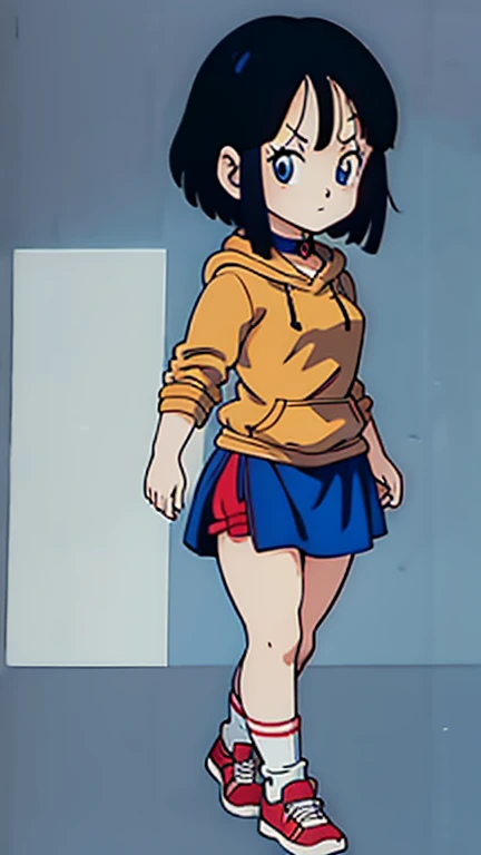 Anime Girls、Bob、Black Hair、Beige hoodie、choker、blue eyes、Blue Skirt、White shoes、White legwear、whole body、Walking sadly sideways、White background