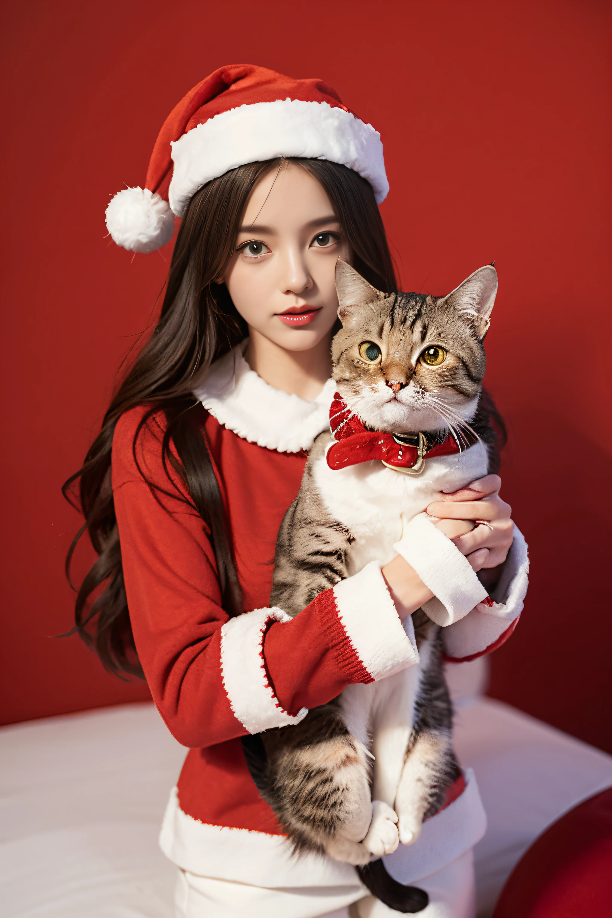 3D Vector Art、calico cat、Cat wearing Santa hat、Cat with a bell'collar、 cute christmas gift, Cat furry、Ultra-realistic high quality, Cute and quirky, Fantasy Art, Watercolor effect、girl hugging a cat