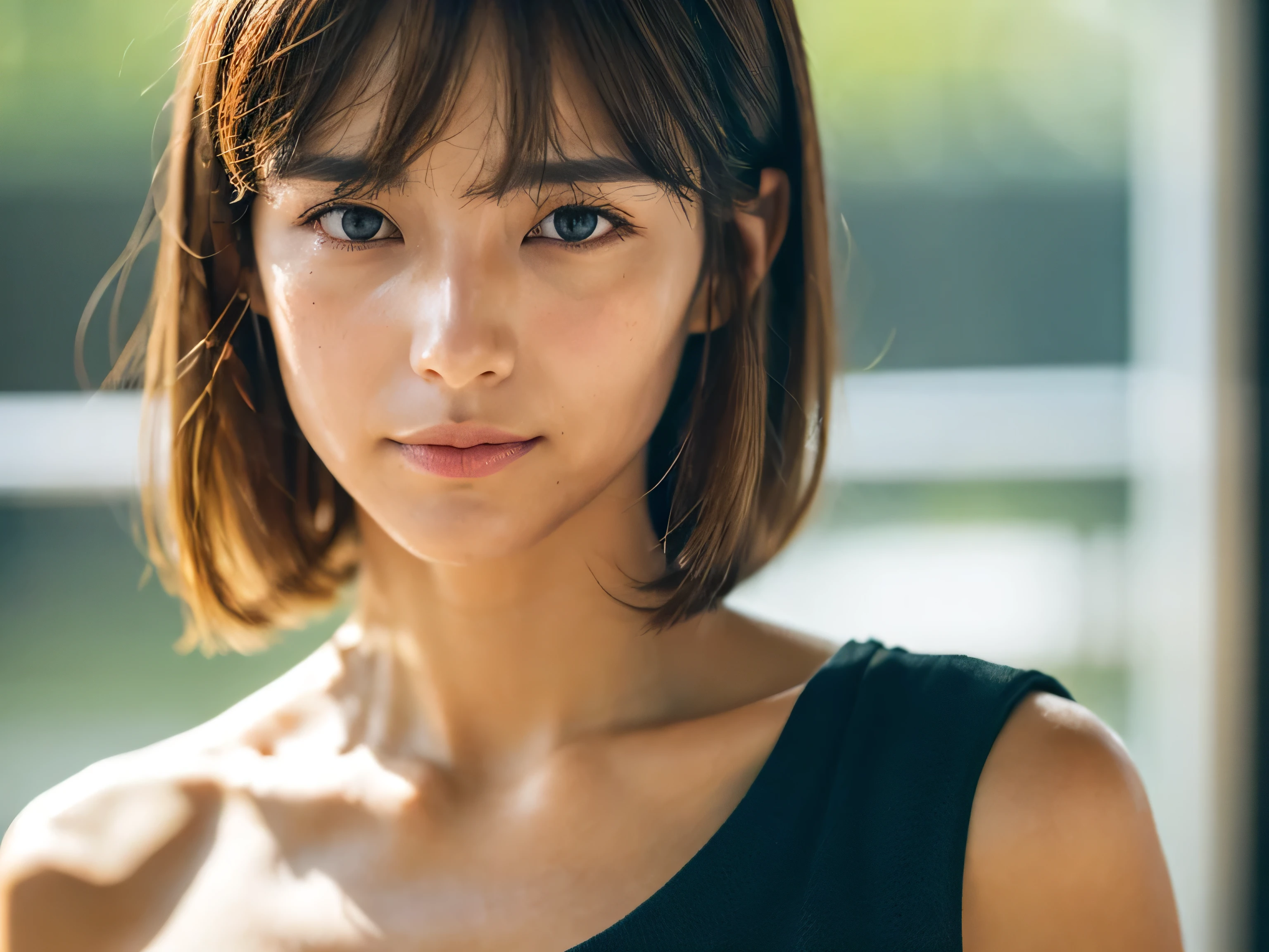 Eye line slightly below, Just a little bit more, indoor, Brown Hair, bangs, Light clothing, Sweat on the face, Shiny face, clavicle, Light from below