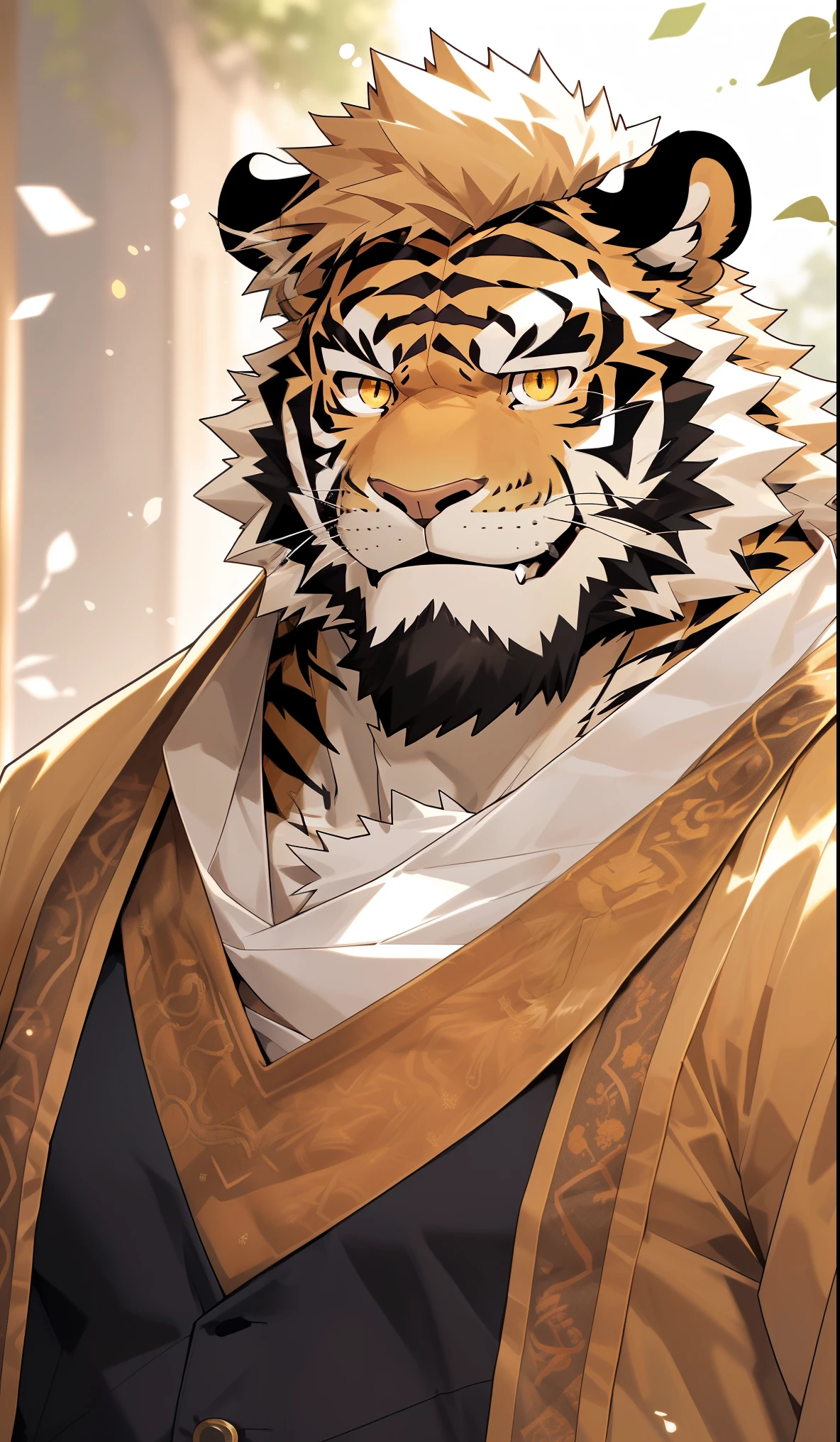 hairy，（tiger，Q version style：1.3）beard，Golden pupils，Golden fur，Facial Expressions，Q version male，Smile，Half-length photo，Real background，极其lifelike阴影，masterpiece，Very detailed，lifelike。