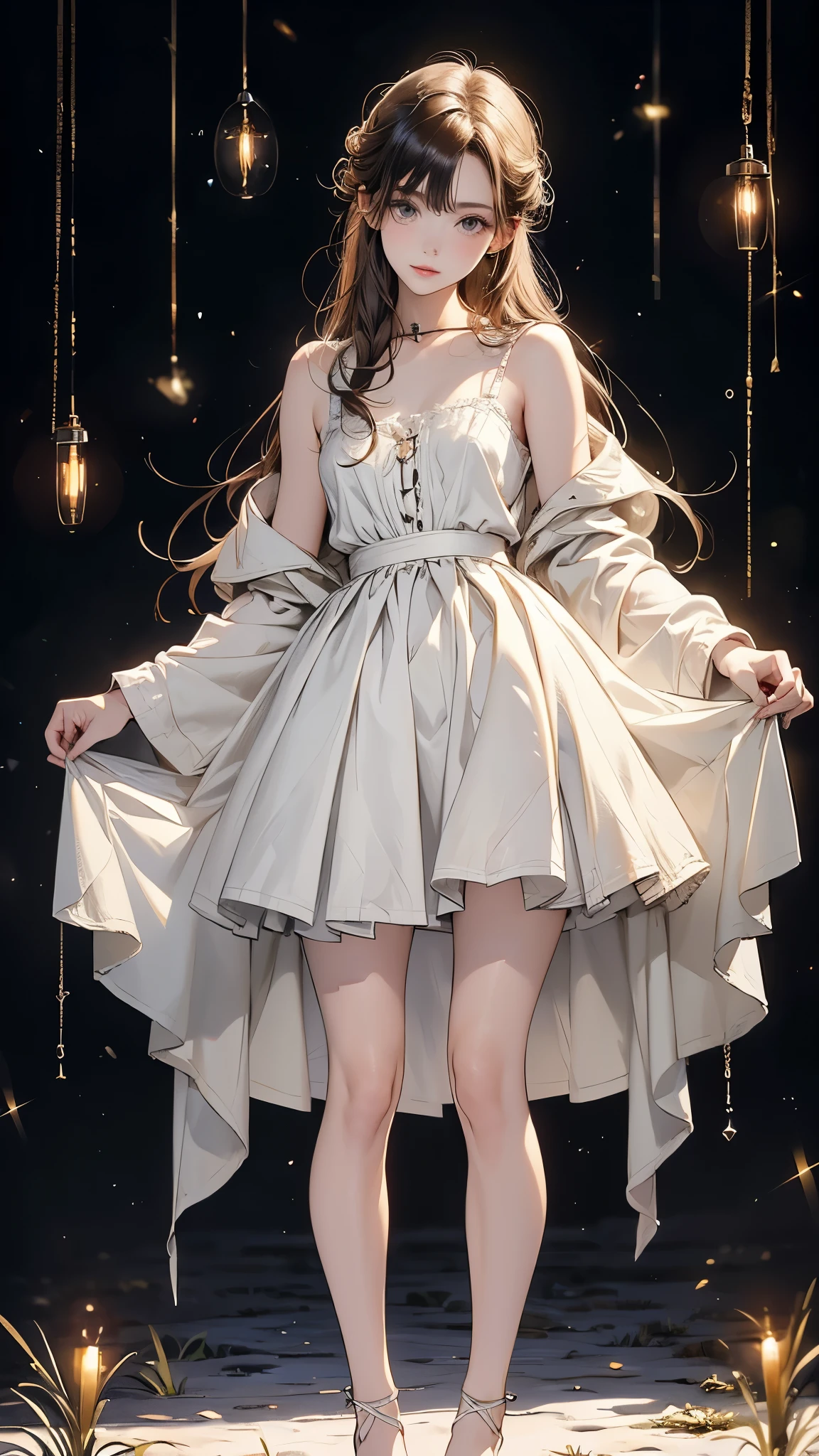 ((Biologically correct limb count))、(( Full body illustration including face))、4K、((Standing posture))、Masterpiece、((Focus on the face))、((Symmetrical, well-proportioned facial features))、Eyes with delicate depictions、Beautiful woman、Outstanding style、Beautiful clavicle、Beautiful legs、Beautiful Hands、Slender Body、Detailed depiction of faces、(shirt、skirt)、Looking up、High angle、The background is a moonlit night