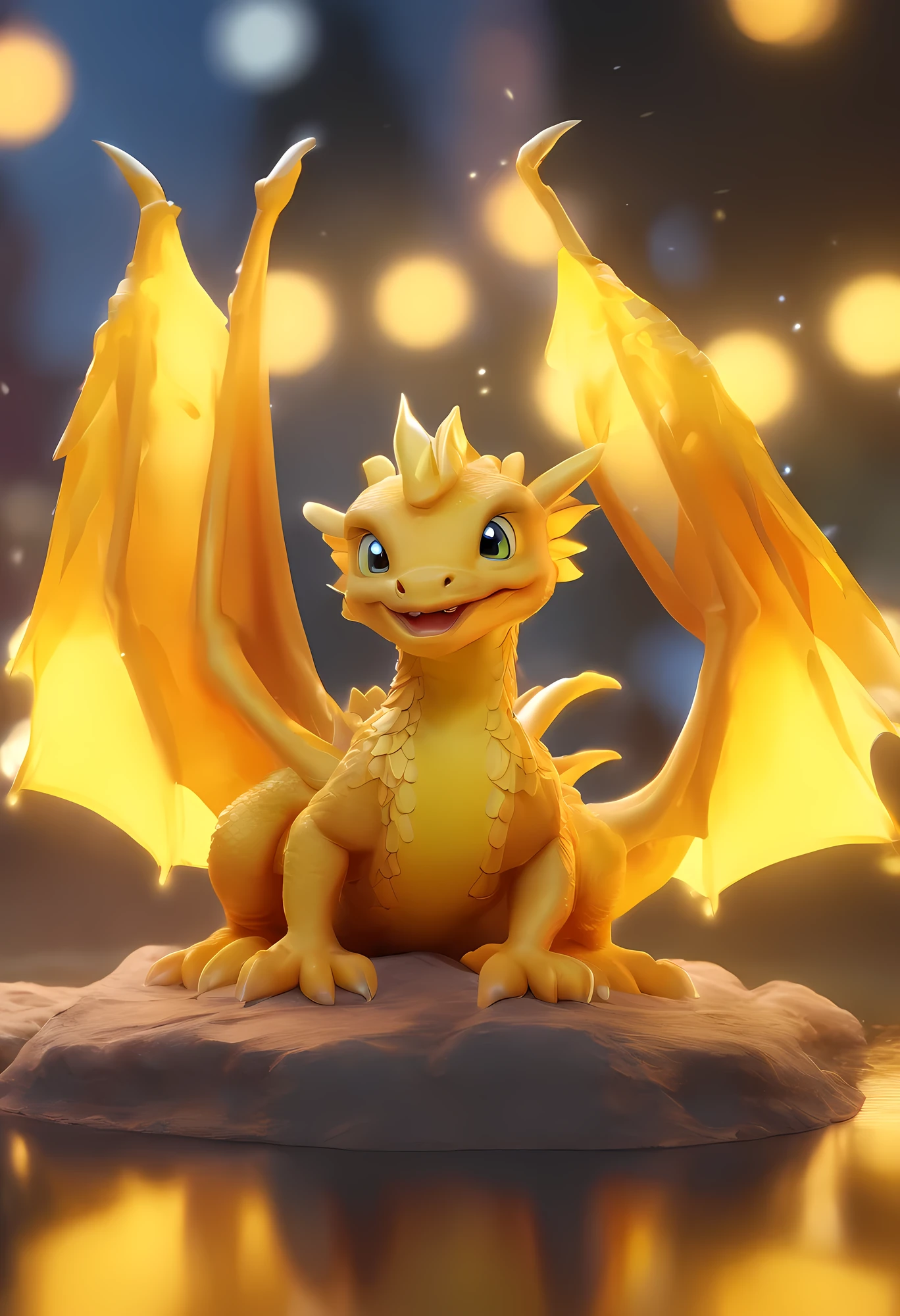 Cute yellow baby dragon IP, Smooth and delicate skin,eyes with brightness, Yellow wings, modeled, Delicate gloss,clean backdrop, Good gloss, 3Drenderingof,Best quality at best、Dark and fluorescent world view,Frontal lighting,ultra - detailed、8k、Realistic depiction、Holding an ingot、Lively night market in the background、fire works、Firecrackers,oc rendered,hyper realisitc,Best quality,8K,Works of masters,ultradetailed