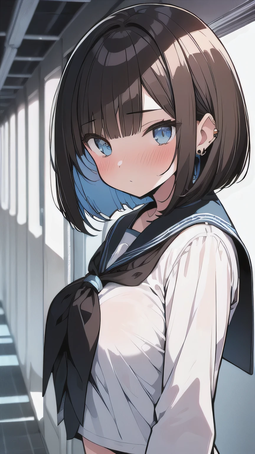 (best quality), (Super detailed), (Best Illustration), (masterpiece), (woman), high contrast, {(serafuku:1.2)}, (large breasts), {brown hair, (sideburns), (bob cut:1.3), curly hair, hairs between eyes, colored inner hair}, {(detailed eyes), blue eyes}, blush, earring, wind, (school hallway),