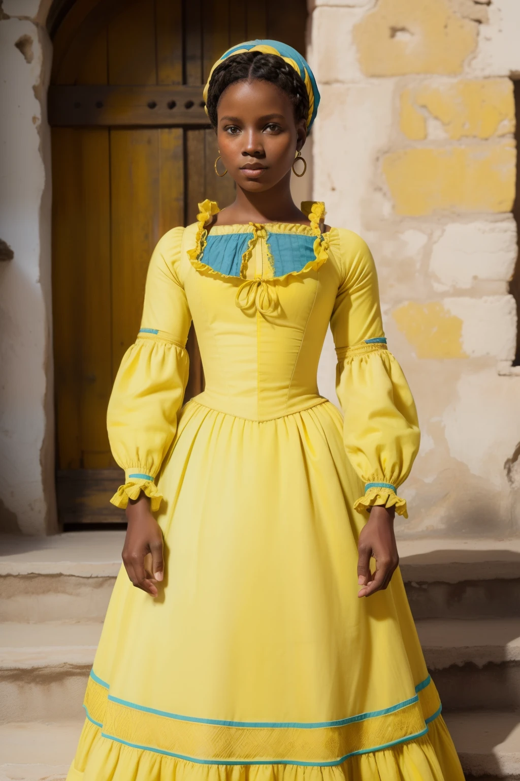 Haiti, 1563. full body, A young black woman, beautiful, baby blue eyes, ((((yellow clothings from the 1560s)))), ((hairstyle of the 1560s)), pastel colors, colorful, realistic