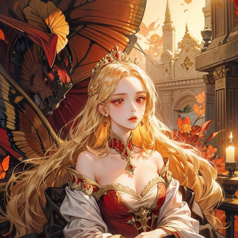 A single  girl with golden hair, red eyes, wearing noble clothes, beautiful, elegant, beautiful red eyes, beautiful long hair, surrounded by red butterflies 