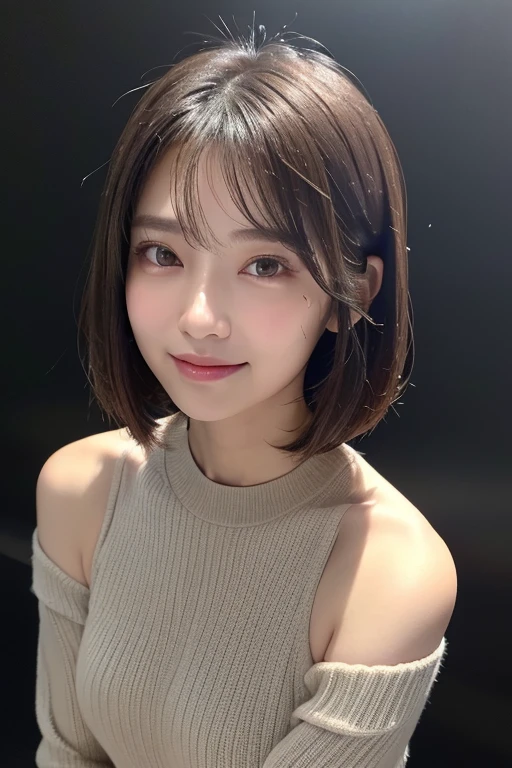 (((Close-up of face)))、(((Absolutely shoulder-length brown straight short bob)))、(((She is posing like a hair salon model, with a black wall indoors as the background.)))、(((Casual black winter long sleeves with shoulders covered)))、Half Japanese, half Korean、18 year old girl、Standing Alone、Looking forward、Light eye makeup、Brown Hair Color、Flat and 、Hair blowing in the wind、Actress Quality、Glossy, ultra-realistic face、Smiling face、Watery eyes、Gazing Up、Subtle lighting effects、 Ultra-Realistic Capture、Very detailed、High resolution 16K close up of human skin。Skin texture must be natural、The details must be such that pores can be clearly seen、The skin is healthy、Uniform tone、Use natural light and colors、A worn-out, high-quality photo taken by a model agency's in-house photographer.、smile、(((SIGMA 300 mm F/1.4,1/1000 sec shutter,ISO 400)))