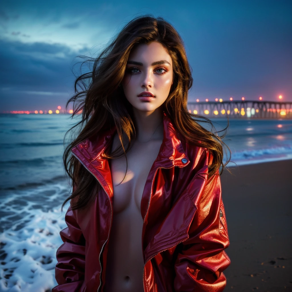 Close-up of a woman wearing a red jacket standing on the beach, Digital Cyberpunk Art, Beautiful digital art, Highly detailed digital art in 4K, Dreamy Cyberpunk Girl, 4K Detailed Digital Art, 8k、RAW Photos、highest quality、Real、Photorealistic、Professional Lighting、mix4、20d、Beautiful Teenage Woman、1 female、Big beautiful eyes、Larger breasts、whole body、Daytime Town、Belly button、