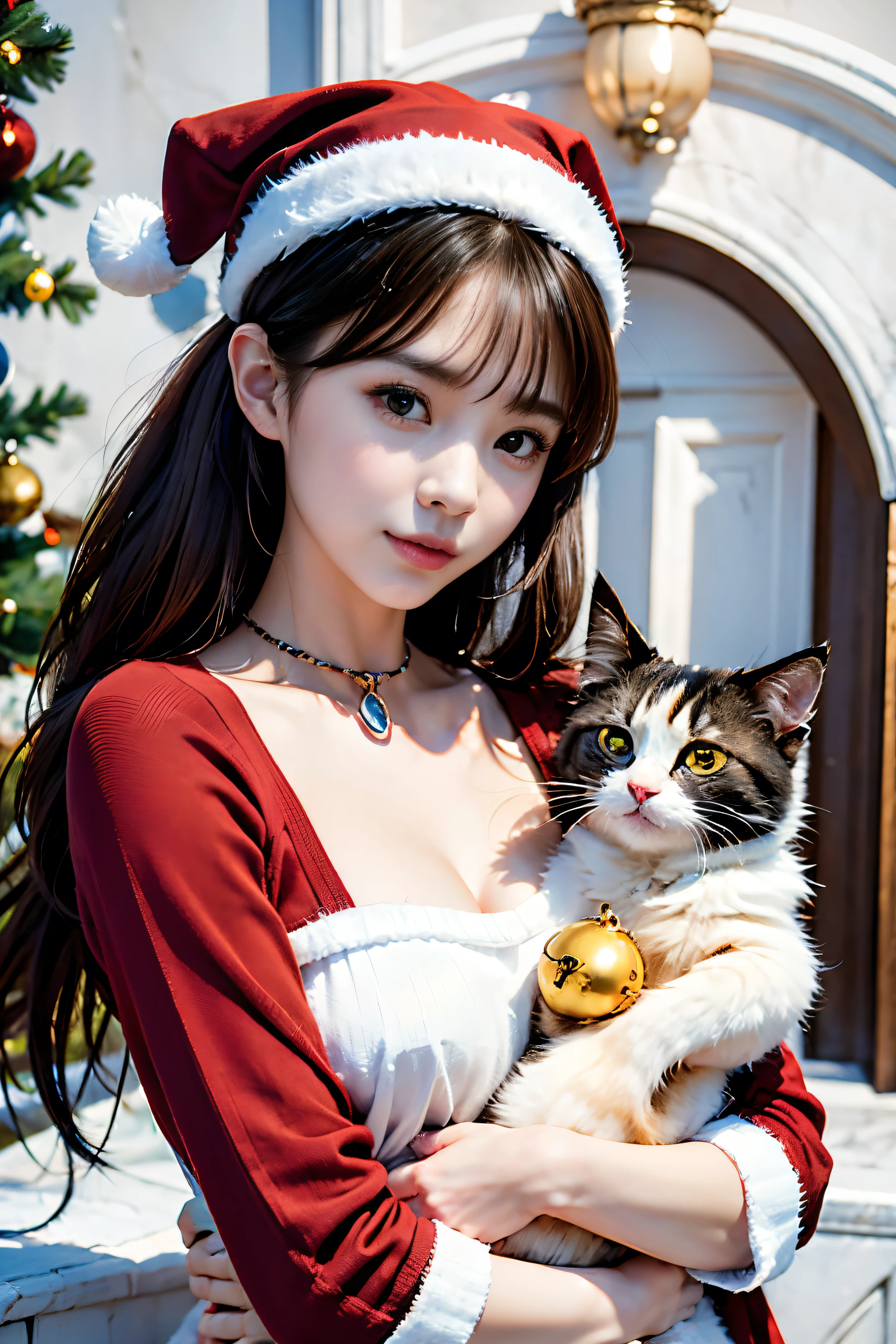 3D Vector Art、calico cat、Cat wearing Santa hat、Cat with a bell&#39;collar、 cute christmas gift, Cat furry、Ultra-realistic high quality, Cute and quirky, Fantasy Art, Watercolor effect、girl hugging a cat