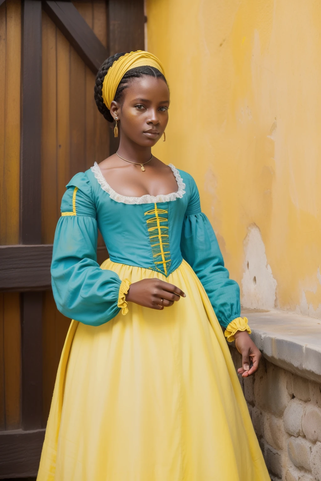 Haiti, 1563. A girl, beautiful, babye eyes, ((((yellow clothings from the 1560s)))), ((hairstyle of the 1560s)), pastel colors, colorful, realistic