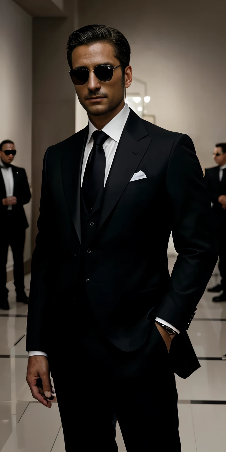 masterpiece, official art, 8k, best quality, highly detailed, mysterious, dark, sophisticated, upscale, auction house:1.2, men, suits, sunglasses, earpieces, security personnel, high-tech equipment, advanced surveillance technology, valuable items on display, the man in the foreground, confidently observing the scene with a sly smile.