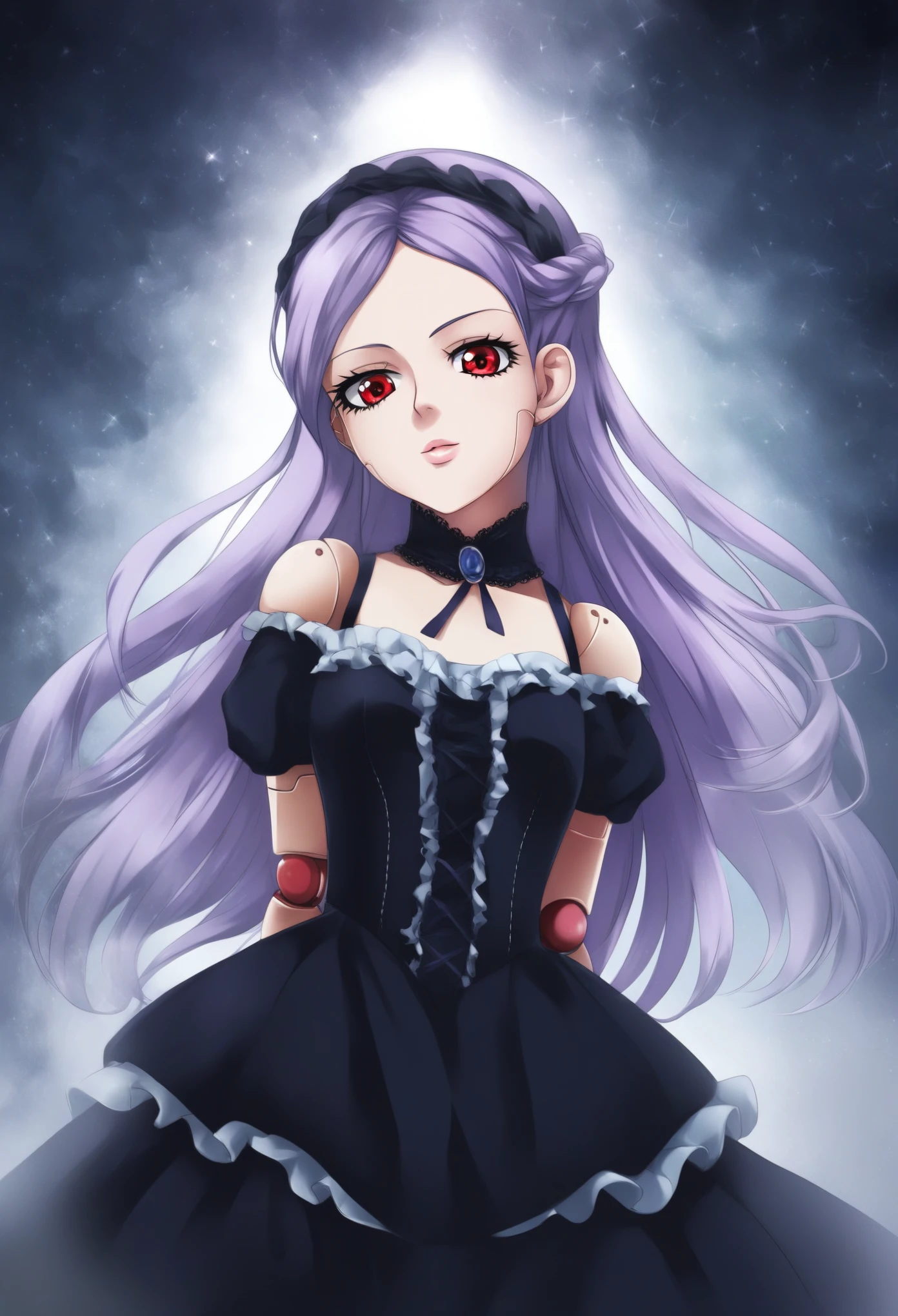 masterpiece, illustration, best quality, menacingjojo, cg, wallpaper, 1girl, solo, light purple hair, long hair, french braid, single sidelock, red eyes, multicolored eyes, small breasts, flat chest, , victorian dress, embellished dress, black dress, corset, neckwear, off-shoulder dress, frills, doll, doll joints, dynamic pose, leaning back, from below, looking down, looking at viewer, arms behind back, text, upper body, portrait, cold, neutral