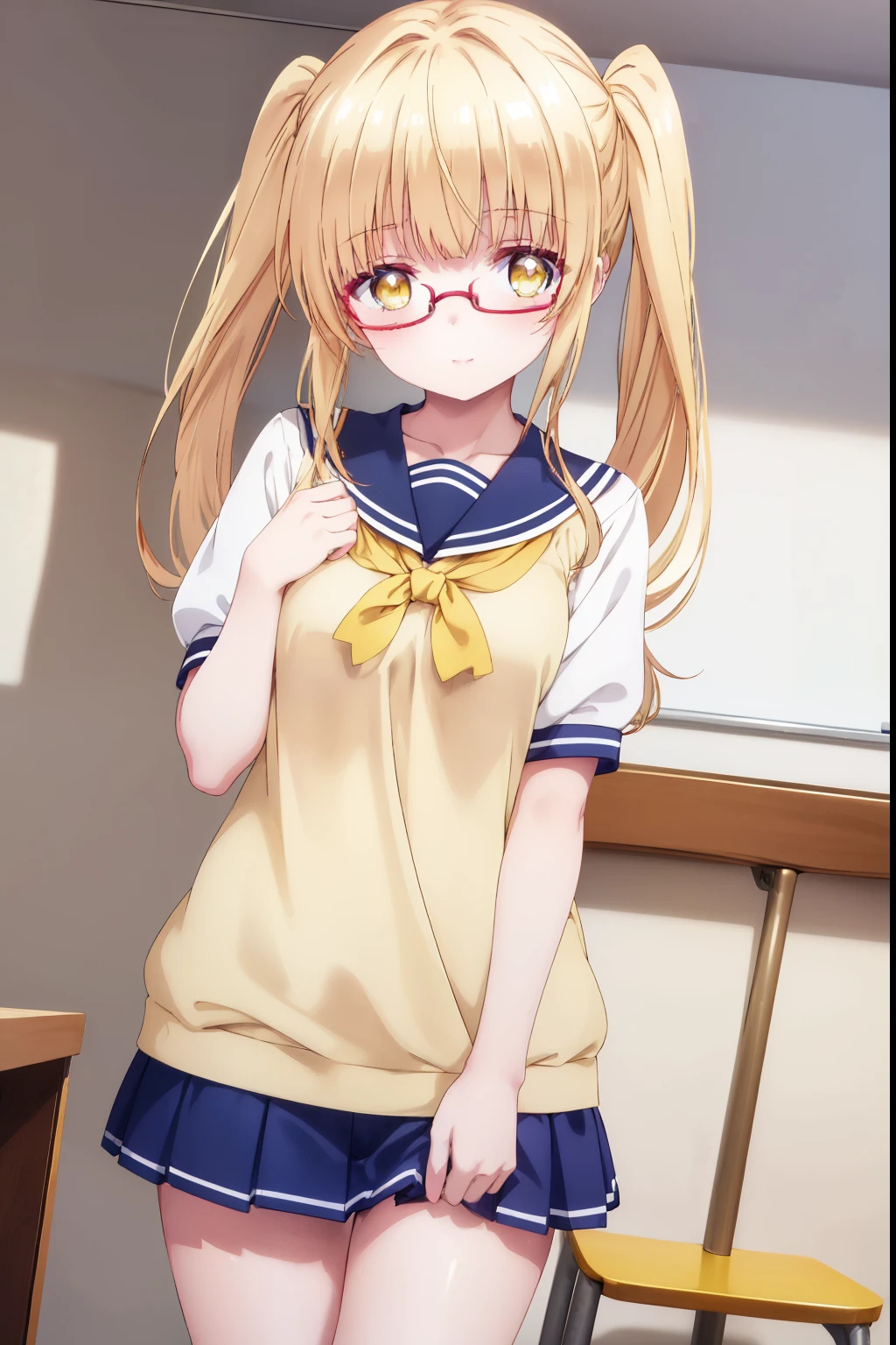 Mahiru shiina, , blonde, (Yellow Eyes:1.3)、Twin tails,,blush,smile,Daytime、at school、School classroom、Captivating thighs、Beautiful bare legs, Short-sleeved sailor uniform、very cute、Wear a miniskirt、wearing cute glasses、ta、Small breasts
(masterpiece:1.2), highest quality, High resolution, unity 8k wallpaper, (shape:0.8), (Beautiful and beautiful eyes:1.6), Highly detailed face, Perfect lighting, Extremely detailed CG, (Perfect hands, Perfect Anatomy),