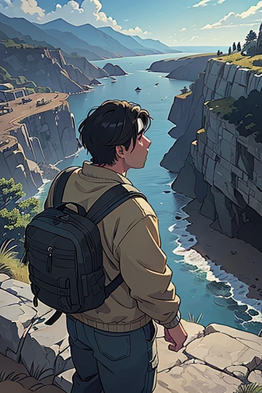 A young man with messy dark hair seen from behind, wearing a tan jacket and carrying a large backpack, standing next to his rugged "dirt bike" on a rocky cliff overlooking a vast mountainous landscape and ocean under a blue cloudy sky, detailed manga-style illustration with dramatic lighting and shadows "incredibly detailed and realistic painterly style"