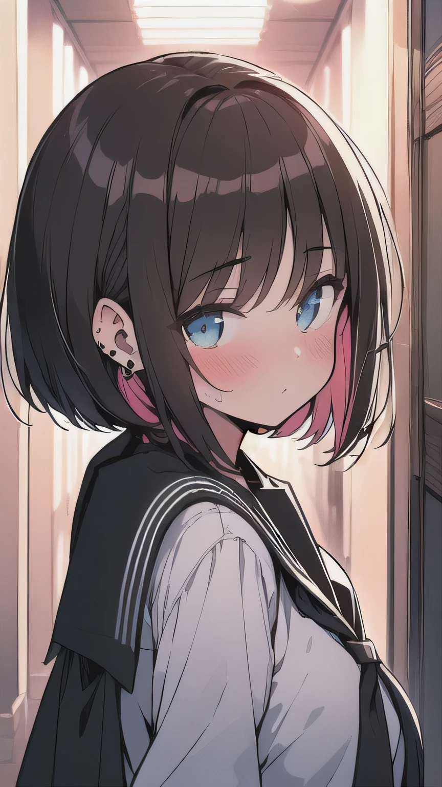 (best quality), (Super detailed), (Best Illustration), (masterpiece), (woman), from side, high contrast, {(serafuku:1.2)}, (large breasts), {brown hair, (sideburns), (bob cut:1.3), curly hair, hairs between eyes, colored inner hair}, {(detailed eyes), blue eyes}, blush, earring, wind, (school hallway),