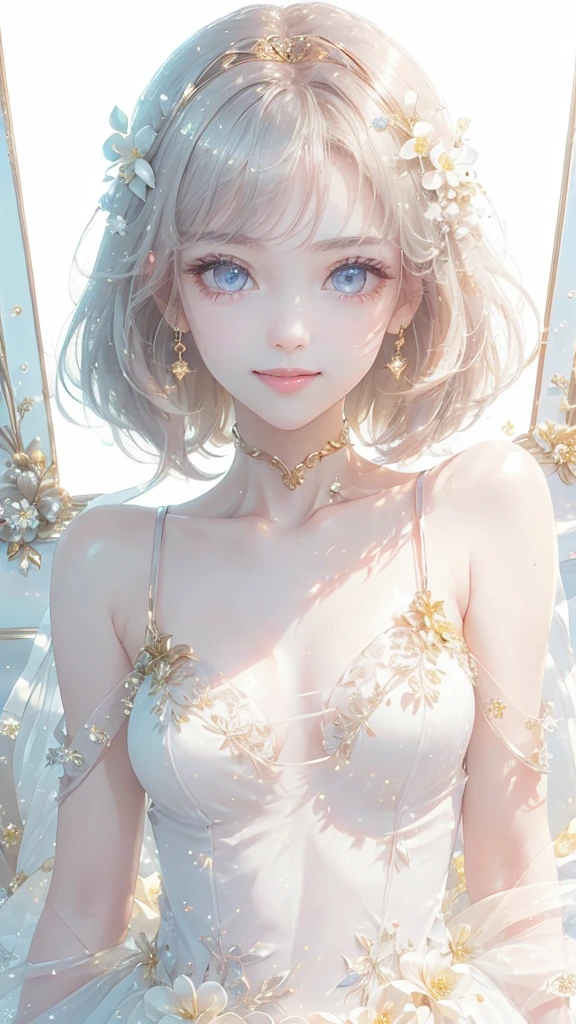 (masterpiece、highest quality、highest quality、Beautiful and beautiful:1.2)、(Good anatomy:1.5)、Focus on the eyes、Painting of a girl with milky white hair、Translucent Princess Dress、Jewelry Tiara，Beautiful smile、looking at the camera、Diffuse reflection of light、Gold flower，Silver Flower，Pearl Light