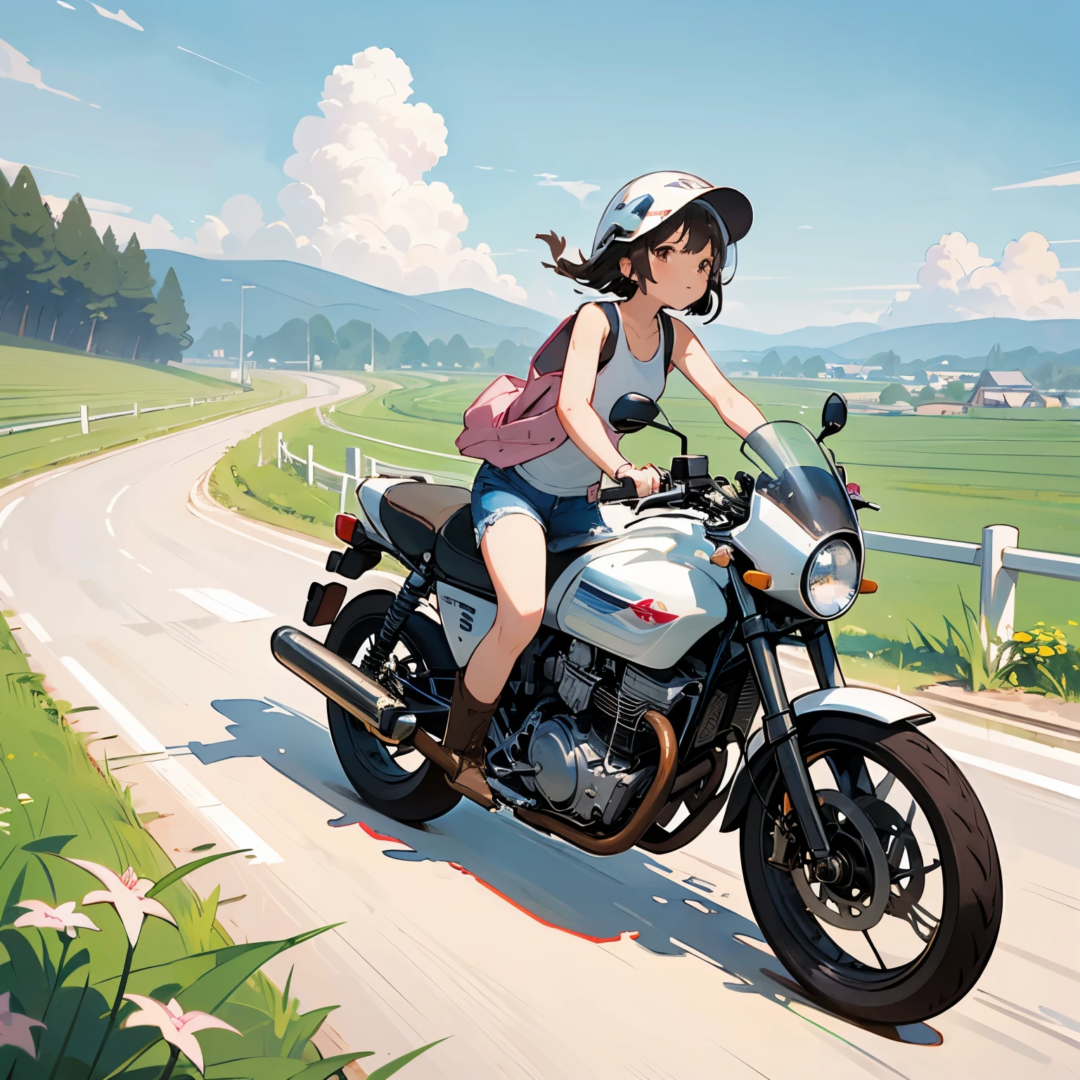 Highest quality、A girl is riding a white Super Cub、Dark brown short cut、(He is wearing a jet helmet with white and black lines running down the center of the helmet from front to back.、White tank top、Pink jacket、Denim shorts、White knee-high socks、Brown work boots:1.3)、Japanese countryside scenery、Road beside the stream、Small creek、Dirt Road、Weeds grow along the side of the road、Blue sky、White clouds floating、Early summer sky、