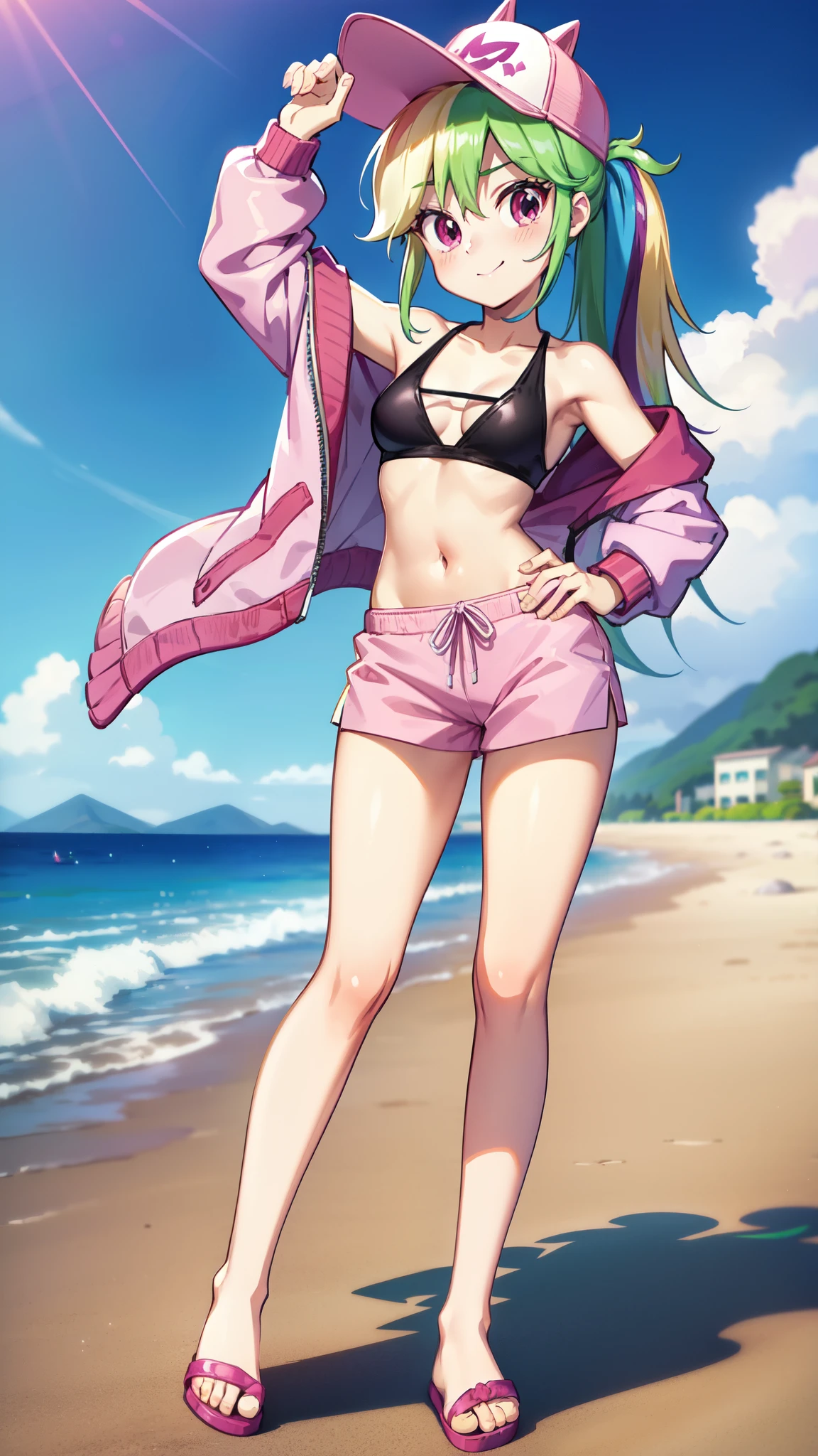 Rainbow Dash, 1 girl, Equestria Girls, rainbow hair, long ponytail, purple eyes, pale skin, small breasts, detailed body, detailed face, detailed eyes, glistering body, shiny body, gorgeous body, masterpiece, athletic body, full body, smilling, ((pink hat, pink jacket, open clothes, black sport bikini top, midriff, pink short pants, flip flops)), beach, clear sky, standing,