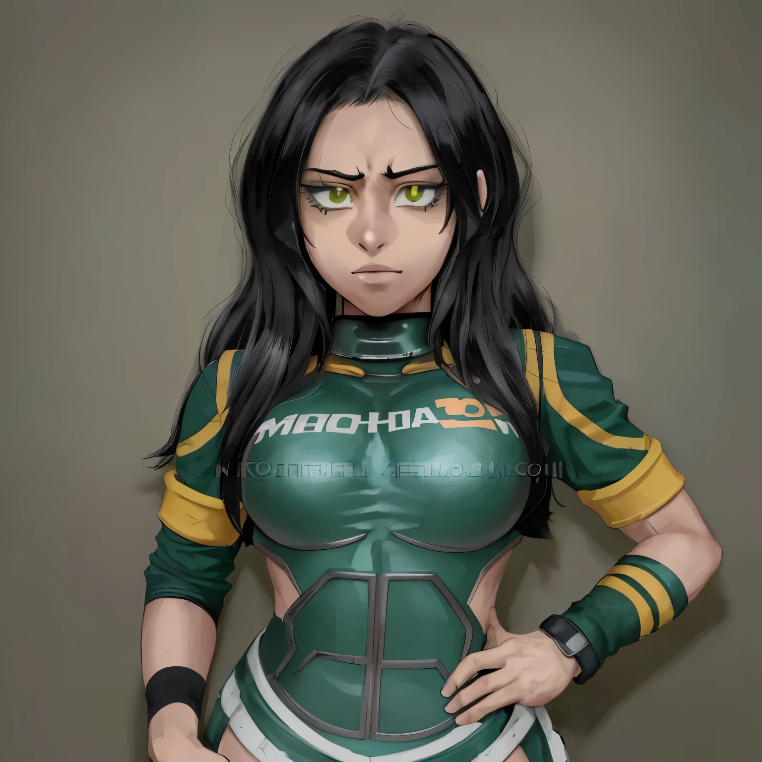 Estilo Boku no hero academia manga chica de cabello negro atado a una coleta alta, dos mechones cubriendo ligeramente sus ojos un ojo verde y el otro gris, cuerpo reloj de arena, con el uniforme de My hero academia, estilo horikoshi anime 2D