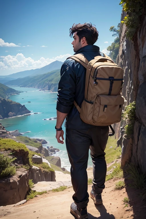 In Life Is Strabge artwork A young man with messy dark hair seen from behind, wearing a tan jacket and carrying a large backpack, standing next to his rugged "dirt bike" on a rocky cliff overlooking a vast mountainous landscape and ocean under a blue cloudy sky, detailed style illustration with dramatic lighting and shadows "incredibly detailed and realistic style"