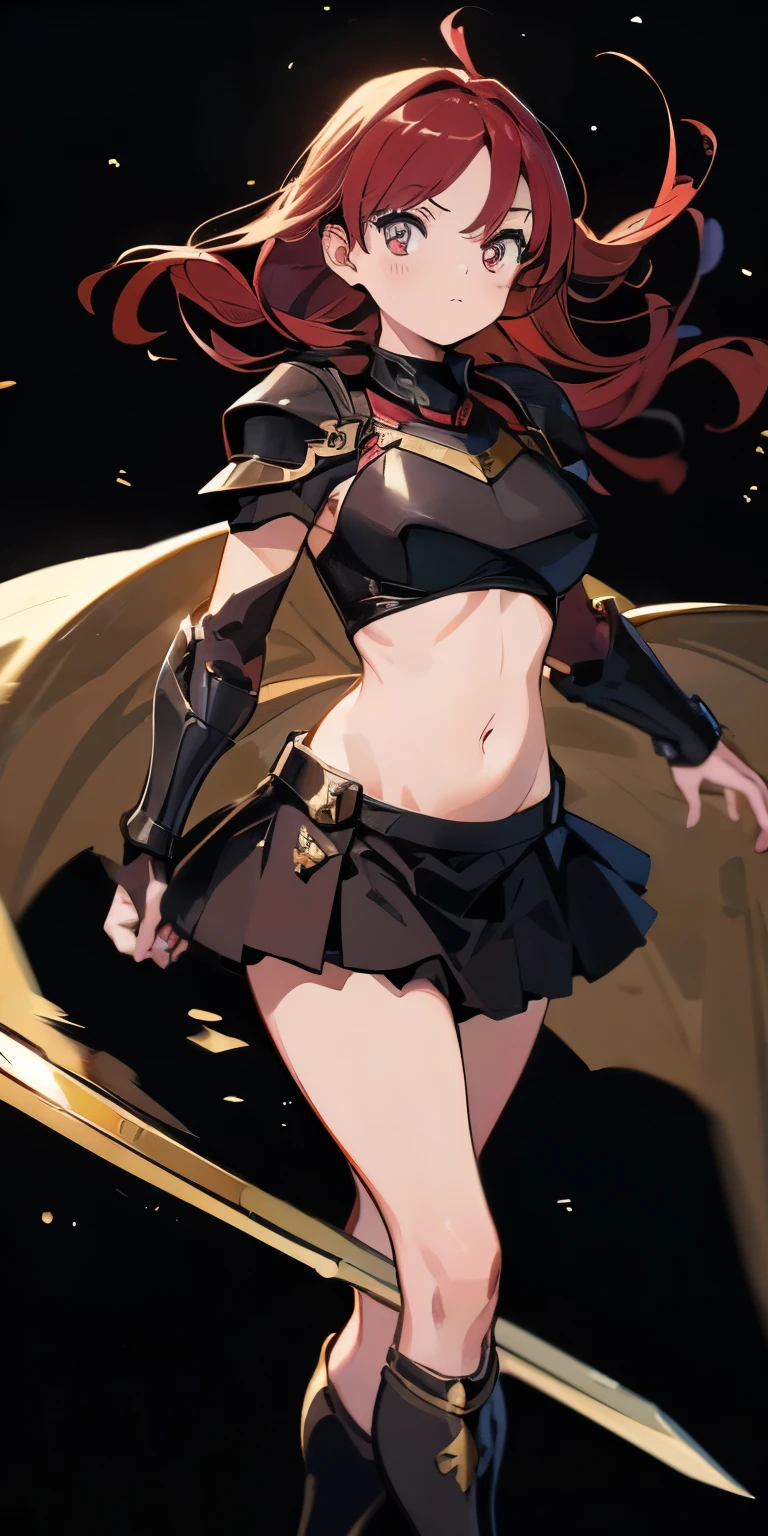 (masterpiece), (highest quality), (Beautiful eyes and face), (Perfect female body),Hollow Eyes 1 Girl, alone, Red Hair,, Brown eyes,Large Breasts,
Black armor,Demon Armor,wing,belly button,abdomen, Uplifting,Swinging the Sword,Holding the Sword,
Black Background,Under the Stars