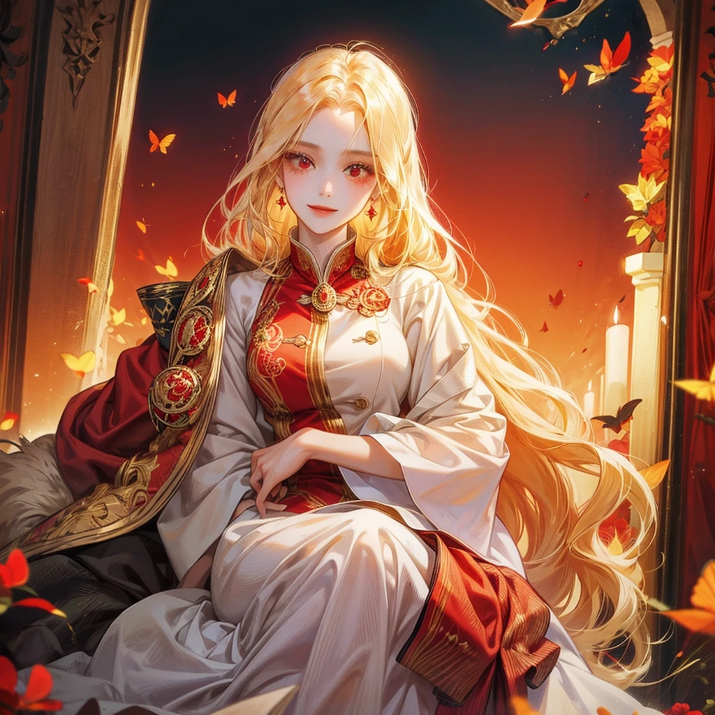 single girl with golden hair, red eyes, wearing noble clothes, beautiful, elegant, beautiful red eyes, beautiful long hair, smiled, surrounded by red butterflies