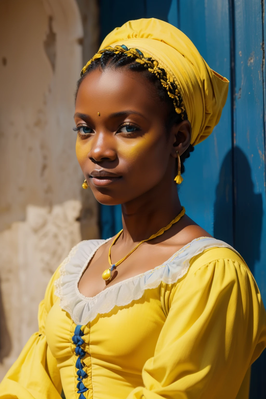 Haiti, 1563. A young black woman, beautiful, baby blue eyes, ((((yellow clothings from the 1560s)))), ((hairstyle of the 1560s)), pastel colors, colorful, realistic