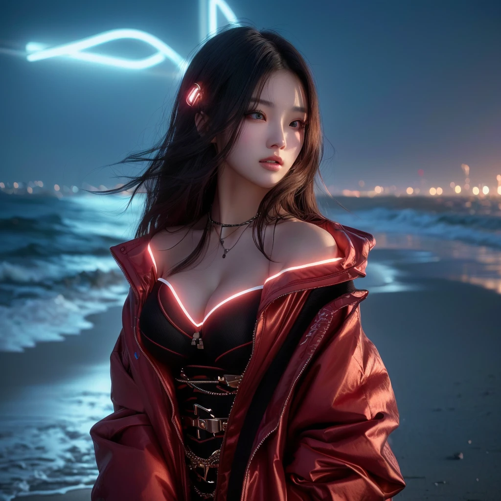 Close-up of a woman wearing a red jacket standing on the beach, Digital Cyberpunk Art, Beautiful digital art, Highly detailed digital art in 4K, Dreamy Cyberpunk Girl, 4K Detailed Digital Art, 8k、RAW Photos、highest quality、Real、Photorealistic、Professional Lighting、mix4、20d、Beautiful age Woman、1 female、Big beautiful eyes、Larger breasts、whole body、Daytime Town、Belly button、