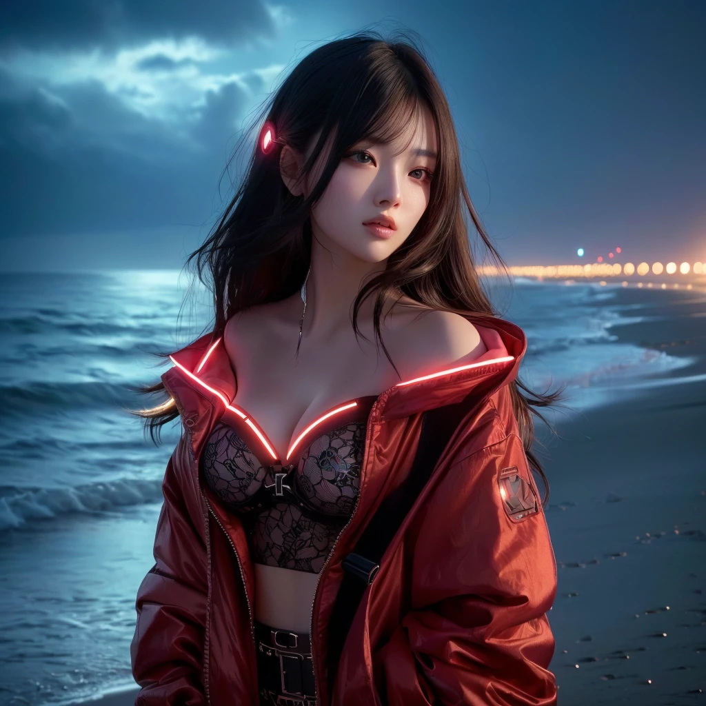 Close-up of a woman wearing a red jacket standing on the beach, Digital Cyberpunk Art, Beautiful digital art, Highly detailed digital art in 4K, Dreamy Cyberpunk Girl, 4K Detailed Digital Art, 8k、RAW Photos、highest quality、Real、Photorealistic、Professional Lighting、mix4、20d、Beautiful Teenage Woman、1 female、Big beautiful eyes、Larger breasts、whole body、Daytime Town、Belly button、