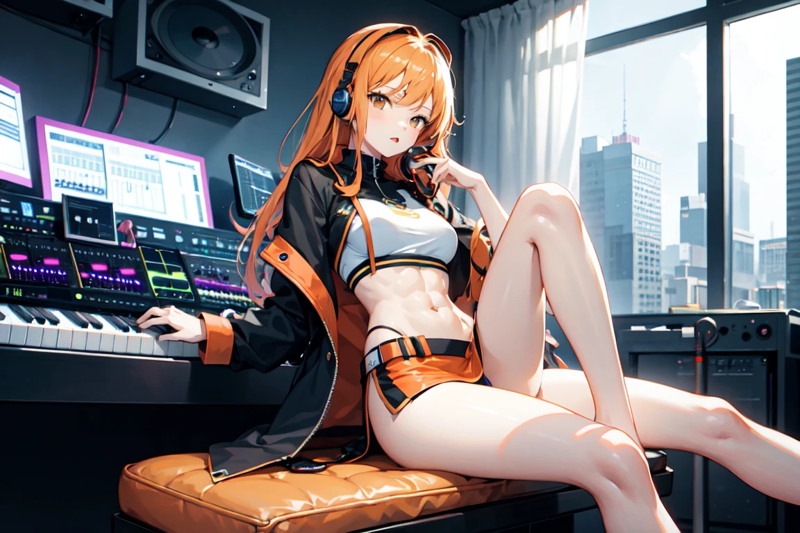 girl,,Orange long hair,earphone,Very thin,thin legs,Inside music studio,Play the electronic keyboard,Waist-baring coat,miniskirt,Bare legs,The legs are very thin,vague abdominal muscles,The waist is thin