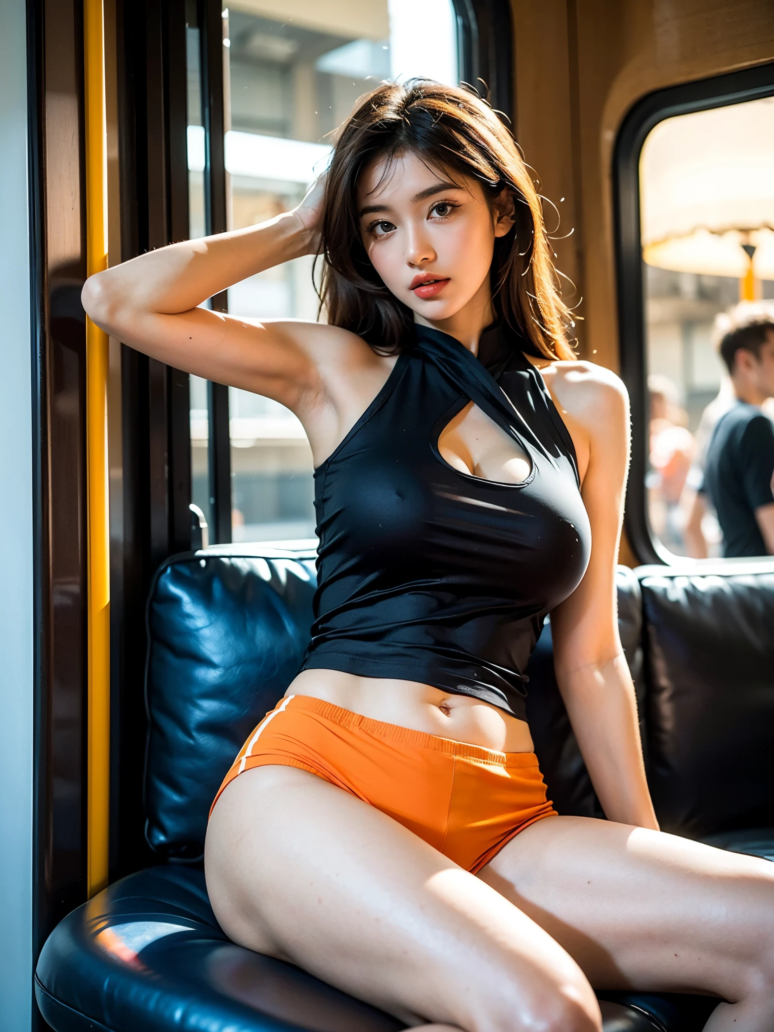 one pretty girl, solo, supermodel, full body, long hair, makeup, parted lips, big breasts, cleavage, wearing a ORANGE TANK TOP AND ORANGE BOYSHORTS (looking at viewer), in a train station, thighs, soft lighting, film grain, upper body, epiCPhoto, (best quality:1.2), (masterpiece),((ultra-detailed)),