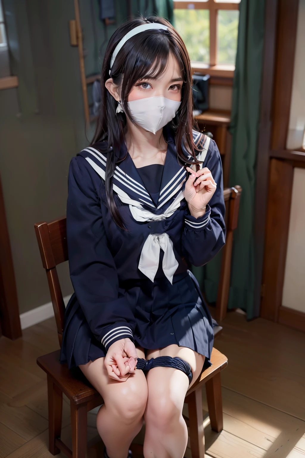 sailor uniform, otn, (Highly detailed CG Unity 8k), (highest quality)，(Very detailed)，(Ultra-high resolution), 1 Female, uniform, Sailor suit, rope bondage, breasts rope bondage, hands back rope bondage, leg rope bondage, thigh rope bondage, bust rope bondage, feet rope bondage, Hands behind the back, Wrists tied behind back, Ankle binding, White cloth gag, Navy Blue Skirt, Black Hair, long hair, BDSM, Bust Shot, ((White headband)),